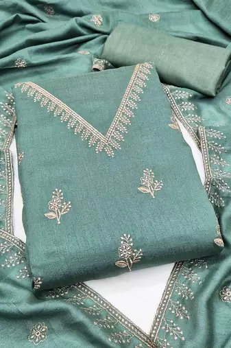 Green silk  embroidered unstitched dressmaterials 3 pair top bottom dupptaa