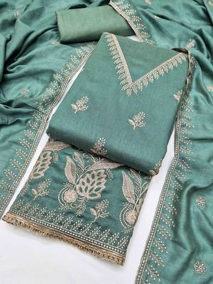 Green silk  embroidered unstitched dressmaterials 3 pair top bottom dupptaa 3