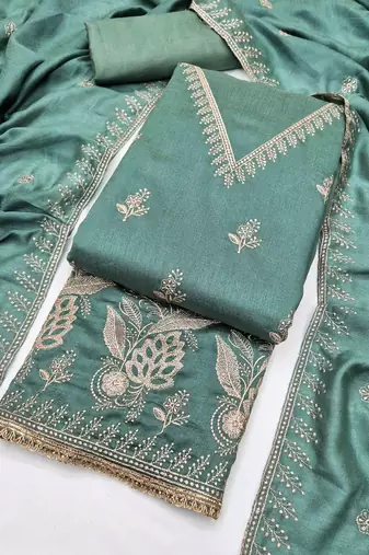 Green silk  embroidered unstitched dressmaterials 3 pair top bottom dupptaa