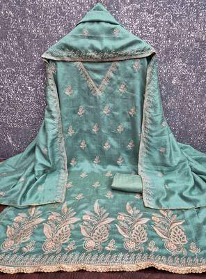 Green silk  embroidered unstitched dressmaterials 3 pair top bottom dupptaa 4
