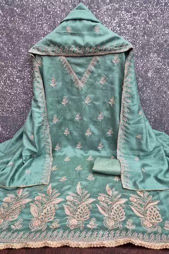 Green silk  embroidered unstitched dressmaterials 3 pair top bottom dupptaa