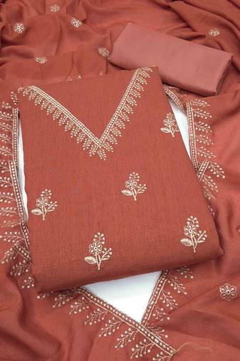 orange silk blend embroidered unstitched dressmaterials 3 pair top bottom dupptaa