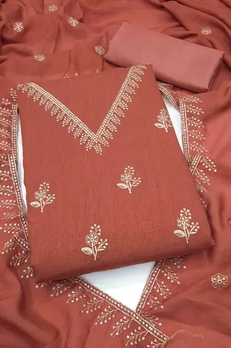 Orange silk embroidered unstitched dressmaterials 3 pair top bottom dupptaa