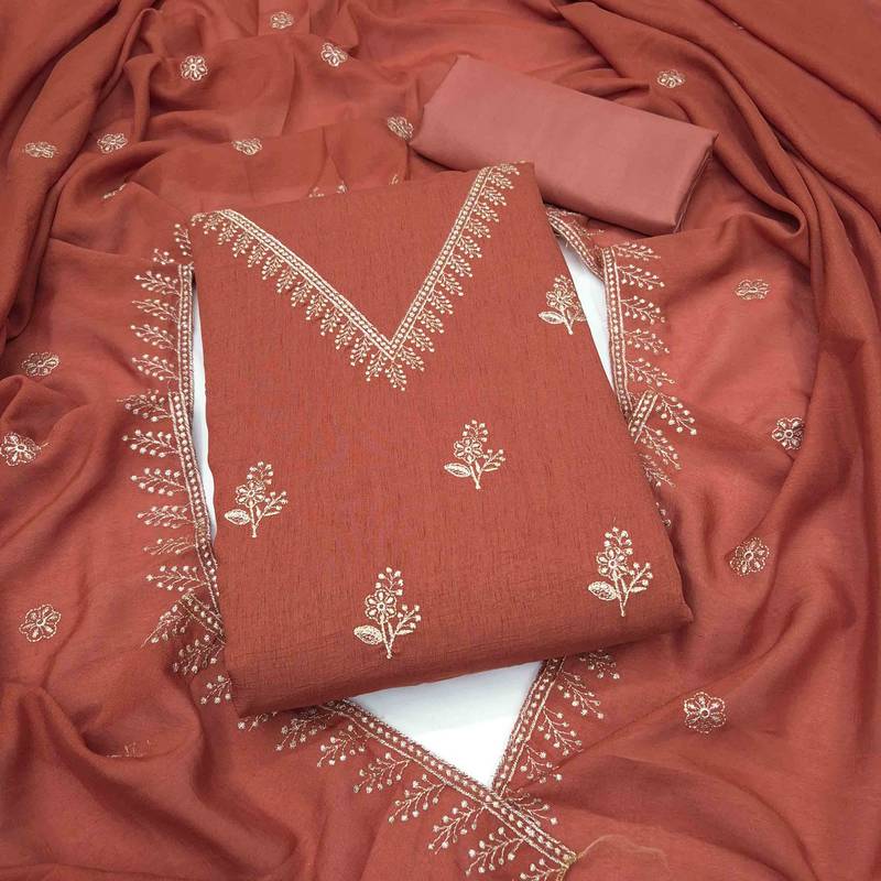 Orange silk embroidered unstitched dressmaterials 3 pair top bottom dupptaa