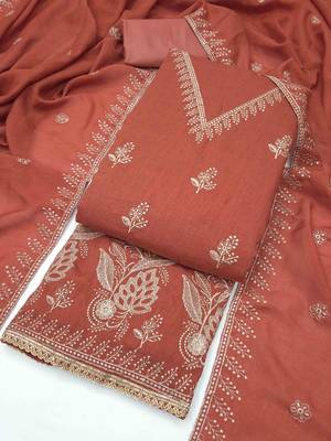 Orange silk embroidered unstitched dressmaterials 3 pair top bottom dupptaa 2