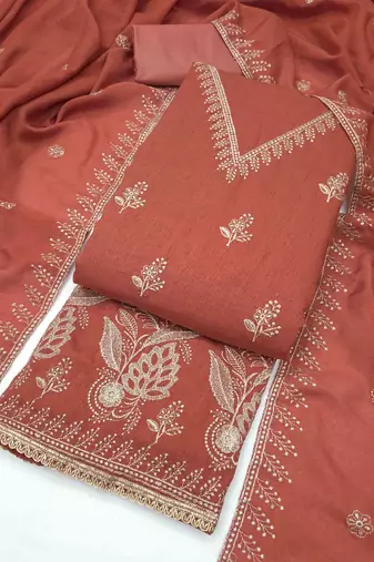 Orange silk embroidered unstitched dressmaterials 3 pair top bottom dupptaa