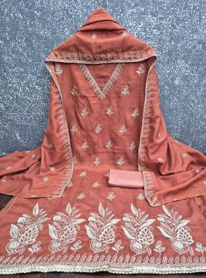 Orange silk embroidered unstitched dressmaterials 3 pair top bottom dupptaa 3