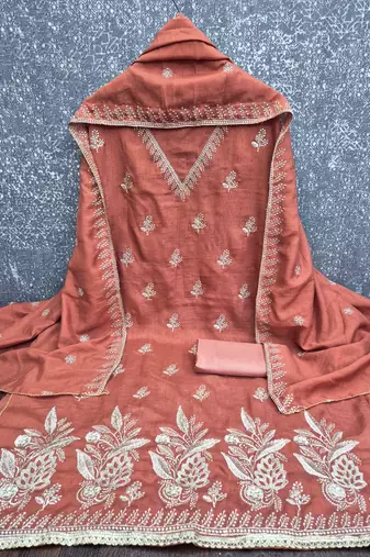 Orange silk embroidered unstitched dressmaterials 3 pair top bottom dupptaa