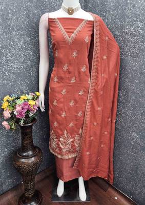 Orange silk embroidered unstitched dressmaterials 3 pair top bottom dupptaa 4