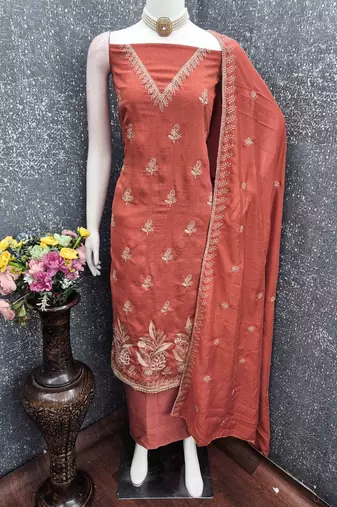 Orange silk embroidered unstitched dressmaterials 3 pair top bottom dupptaa