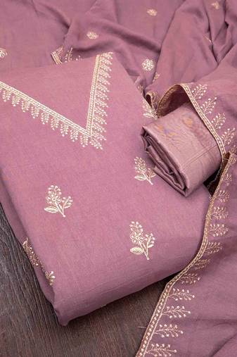 pink silk blend embroidered unstitched dressmaterials 3 pair top bottom dupptaa