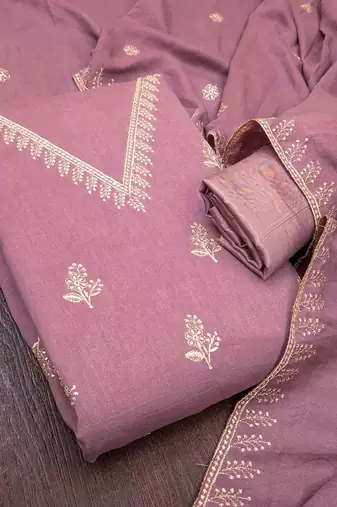 Pink silk  embroidered unstitched dressmaterials 3 pair top bottom dupptaa