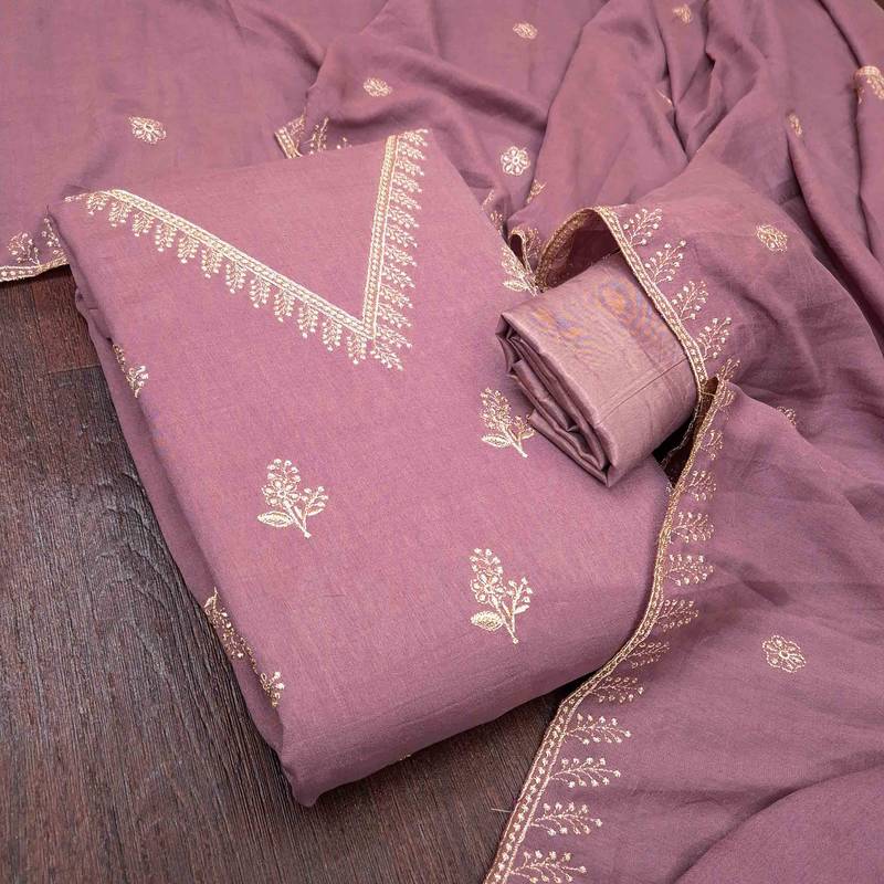 Pink silk  embroidered unstitched dressmaterials 3 pair top bottom dupptaa