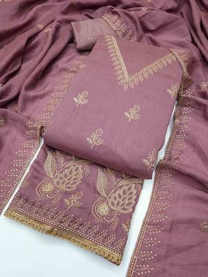Pink silk  embroidered unstitched dressmaterials 3 pair top bottom dupptaa 3