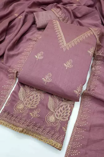 Pink silk  embroidered unstitched dressmaterials 3 pair top bottom dupptaa