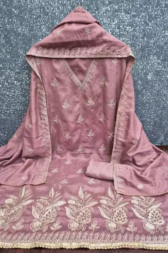 Pink silk  embroidered unstitched dressmaterials 3 pair top bottom dupptaa