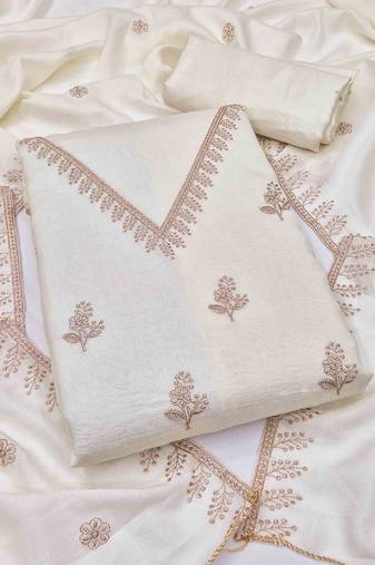 White silk embroidered unstitched dressmaterials 3 pair top bottom dupptaa