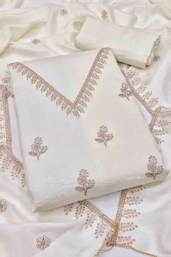 White silk embroidered unstitched dressmaterials 3 pair top bottom dupptaa