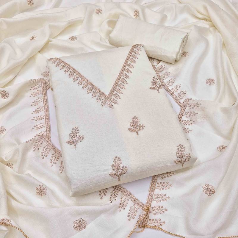White silk embroidered unstitched dressmaterials 3 pair top bottom dupptaa
