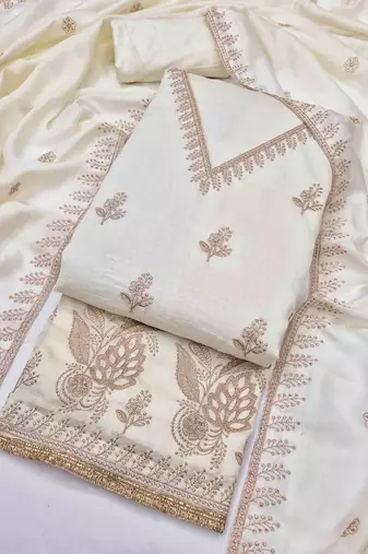 White silk embroidered unstitched dressmaterials 3 pair top bottom dupptaa