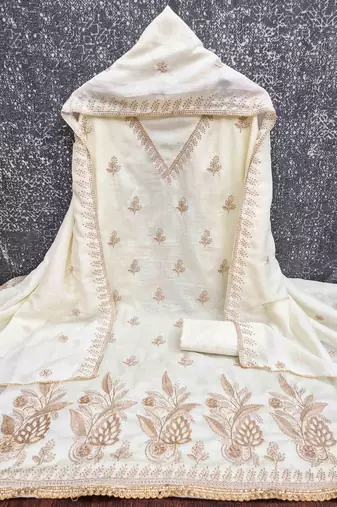 White silk embroidered unstitched dressmaterials 3 pair top bottom dupptaa