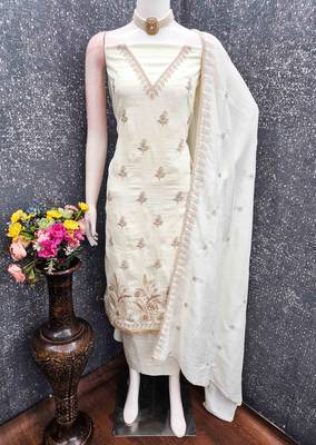 White silk embroidered unstitched dressmaterials 3 pair top bottom dupptaa 4