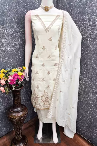 White silk embroidered unstitched dressmaterials 3 pair top bottom dupptaa