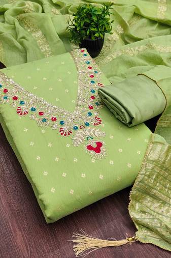 Green chanderi  embroidered unstitched dressmaterials 3 pair top bottom dupptaa