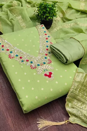 Green chanderi  embroidered unstitched dressmaterials 3 pair top bottom dupptaa