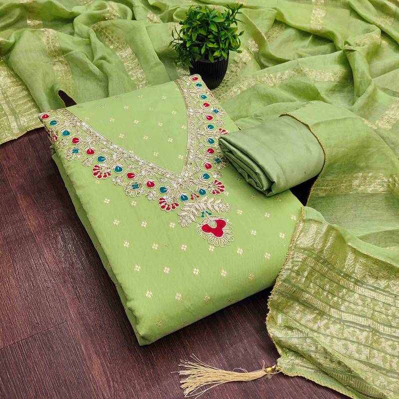 Green chanderi  embroidered unstitched dressmaterials 3 pair top bottom dupptaa