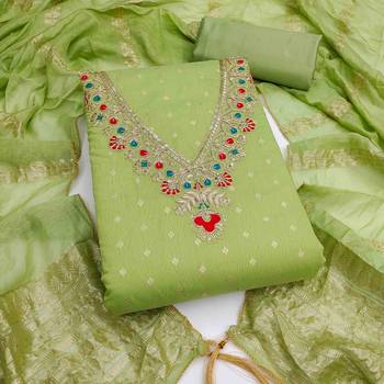 Green chanderi  embroidered unstitched dressmaterials 3 pair top bottom dupptaa 2