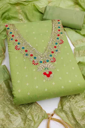 Green chanderi  embroidered unstitched dressmaterials 3 pair top bottom dupptaa