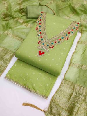 Green chanderi  embroidered unstitched dressmaterials 3 pair top bottom dupptaa 3