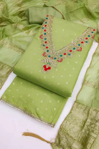 Green chanderi  embroidered unstitched dressmaterials 3 pair top bottom dupptaa