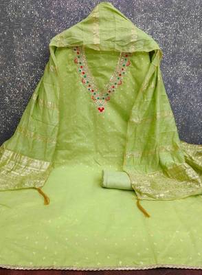 Green chanderi  embroidered unstitched dressmaterials 3 pair top bottom dupptaa 4