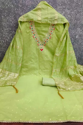 Green chanderi  embroidered unstitched dressmaterials 3 pair top bottom dupptaa
