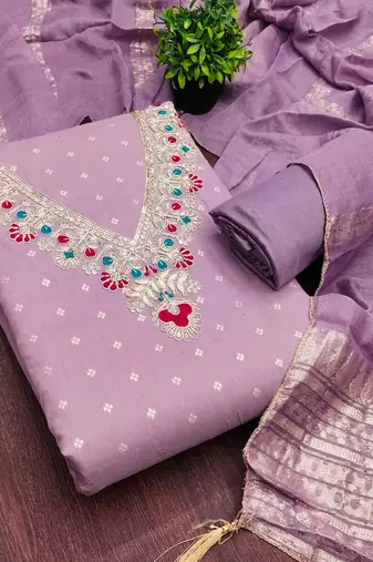 Lavender chanderi embroidered unstitched dressmaterials 3 pair top bottom dupptaa