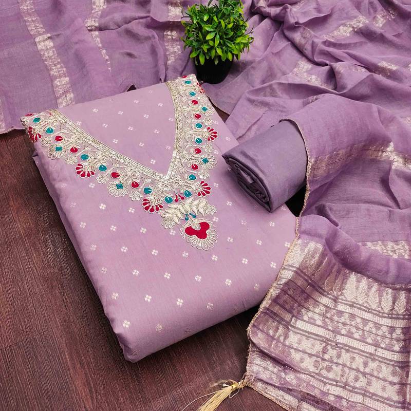 Lavender chanderi embroidered unstitched dressmaterials 3 pair top bottom dupptaa
