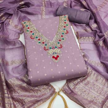 Lavender chanderi embroidered unstitched dressmaterials 3 pair top bottom dupptaa 2