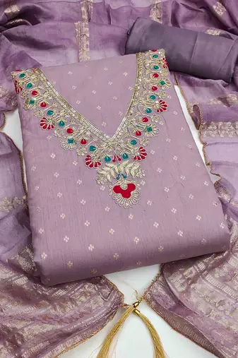 Lavender chanderi embroidered unstitched dressmaterials 3 pair top bottom dupptaa