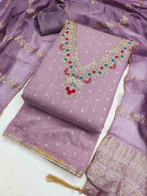 Lavender chanderi embroidered unstitched dressmaterials 3 pair top bottom dupptaa 3