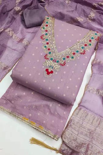Lavender chanderi embroidered unstitched dressmaterials 3 pair top bottom dupptaa