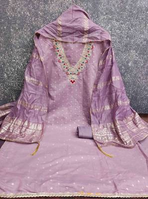 Lavender chanderi embroidered unstitched dressmaterials 3 pair top bottom dupptaa 4