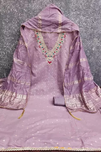 Lavender chanderi embroidered unstitched dressmaterials 3 pair top bottom dupptaa
