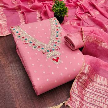 Pink chanderi  embroidered unstitched dressmaterials 3 pair top bottom dupptaa 1