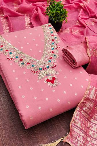 Pink chanderi  embroidered unstitched dressmaterials 3 pair top bottom dupptaa