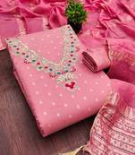 Pink chanderi  embroidered unstitched dressmaterials 3 pair top bottom dupptaa