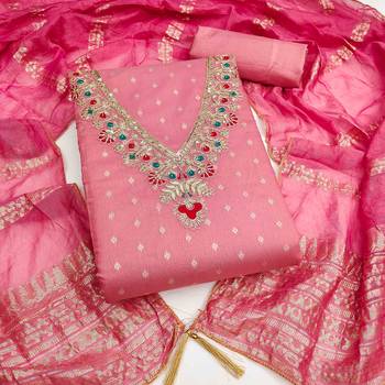 Pink chanderi  embroidered unstitched dressmaterials 3 pair top bottom dupptaa 2