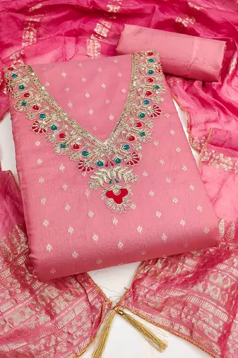 Pink chanderi  embroidered unstitched dressmaterials 3 pair top bottom dupptaa