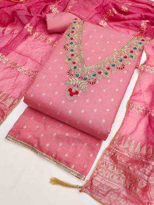 Pink chanderi  embroidered unstitched dressmaterials 3 pair top bottom dupptaa 3